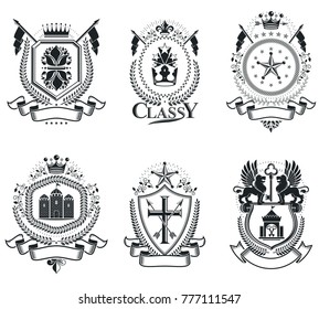 Heraldic Coat of Arms decorative emblems isolated vector illustrations. Vintage design elements collection.