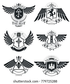 Heraldic Coat of Arms decorative emblems isolated vector illustrations. Vintage design elements collection.