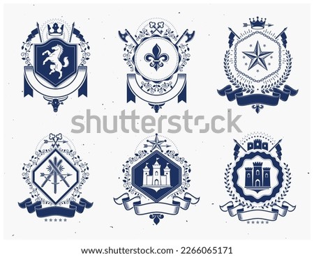 Heraldic Coat of Arms decorative emblems isolated vector illustrations. Vintage design elements collection.