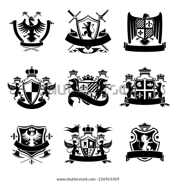 Heraldic coat of
arms decorative emblems black set with royal crowns and animals
isolated vector
illustration.