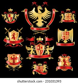 Heraldic coat of arms decorative labels gold and red set with royal crowns and animals isolated vector illustration