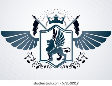 Heraldic Coat of Arms decorative vintage emblem, vector illustration of imperial crown and wild lion