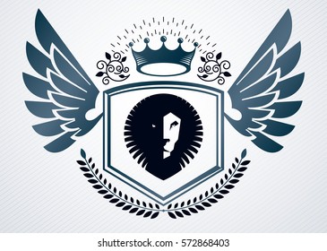 Heraldic Coat of Arms decorative vintage emblem, vector illustration of royal crown and wild lion