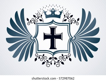 Heraldic Coat of Arms decorative vintage emblem, vector illustration of royal crown and Christian religious cross