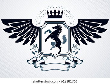 Heraldic Coat of Arms decorative vintage emblem, vector illustration of monarch crown and horse