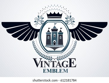 Heraldic Coat of Arms decorative vintage emblem, vector illustration of monarch crown and medieval stronghold