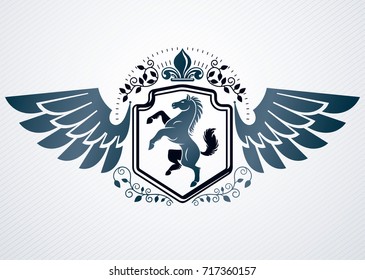 Heraldic Coat of Arms decorative vintage emblem, vector illustration of horse and eagle wings