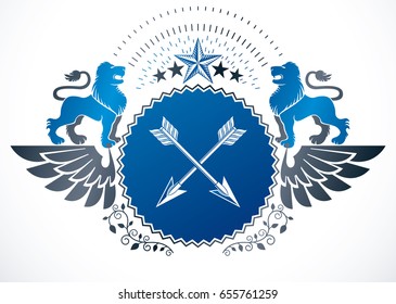 Heraldic Coat of Arms decorative winged emblem, isolated vector illustration created using wild lions, pentagonal stars and arrows crossed.