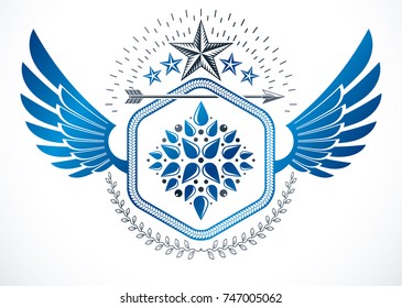 Heraldic Coat of Arms decorative winged emblem, isolated vector illustration decorated using lily flower, pentagonal stars and laurel wreath