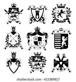 Heraldic Coat Of Arms Family Crest And Shields Emblems Design Black Icons Collection Abstract Isolated Vector Illustration