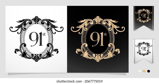 ilustración heráldica del escudo de armas del 91º con marco floral elemento Ellipse con fondo aislado, aplicable a prensa escrita, bordado, aniversario de boda de invitación, tarjeta de saludo y emblema