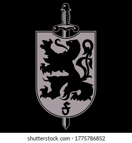 Heraldic coat of arms. Heraldic lion silhouette, heraldic shield with a lion and sword, isolated on black, vector illustration