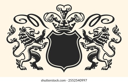 Escudo de armas heráldico con leones, escudo y corona. Ilustración vectorial del emblema real