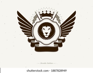 Heraldic coat of arms made in retro design, decorative emblem with wings, wild lion illustration and imperial crown