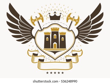 Heraldic coat of arms made in retro design, decorative emblem with wings, hatchets and medieval fortress