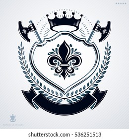Heraldic coat of arms made in retro design, decorative emblem with royal crown and hatchets