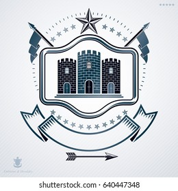 Heraldic coat of arms made in retro design, decorative emblem with medieval fortress and pentagonal star