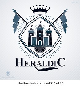 Heraldic coat of arms made in retro design, decorative emblem with medieval fortress and pentagonal star