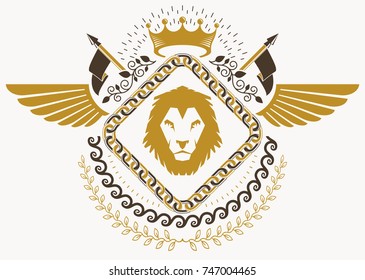 Heraldic coat of arms made in retro design, decorative emblem with wings, wild lion illustration and imperial crown