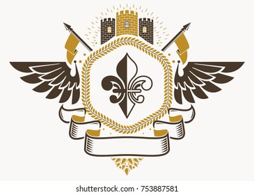 Heraldic coat of arms made in retro design, decorative emblem with wings and medieval stronghold 