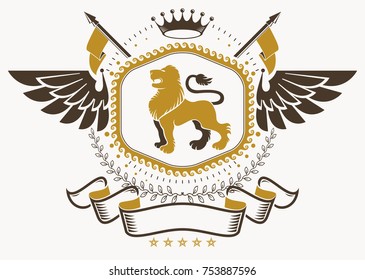 Heraldic coat of arms made in retro design, decorative emblem with wings, wild lion illustration and royal crown