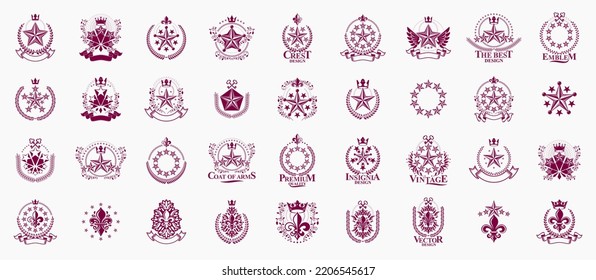 Heraldic Coat of Arms with stars vector big set, vintage antique heraldic badges and awards collection, symbols in classic style design elements, family or business logos.