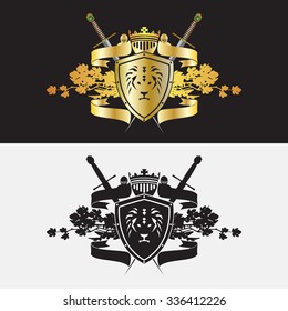 Heraldic Coat of Arms with swords, shield, ribbon and helmets.