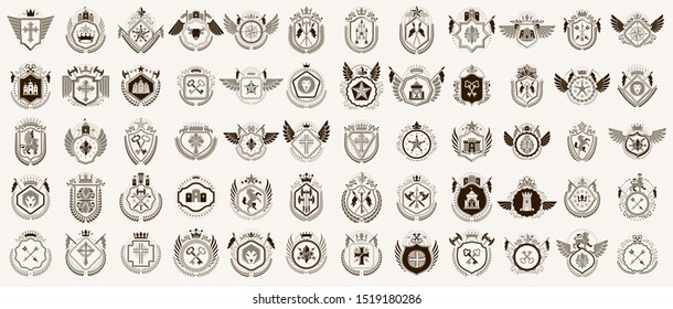 Heraldic Coat of Arms vector big set, vintage antique heraldic badges and awards collection, symbols in classic style design elements, family or business logos.