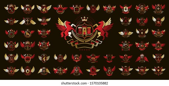 Heraldic Coat of Arms vector big set, vintage antique heraldic badges and awards collection, symbols in classic style design elements, family or business logos.