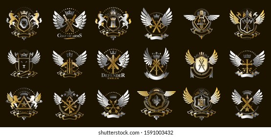 Heraldic Coat of Arms vector big set, vintage antique heraldic badges and awards collection, symbols in classic style design elements, family or business logos.