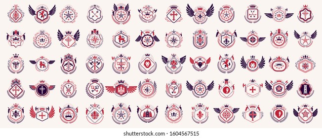 Heraldic Coat of Arms vector big set, vintage antique heraldic badges and awards collection, symbols in classic style design elements, family or business logos.
