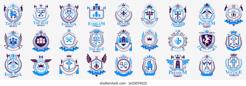 Heraldic Coat of Arms vector big set, vintage antique heraldic badges and awards collection, symbols in classic style design elements, family or business logos.