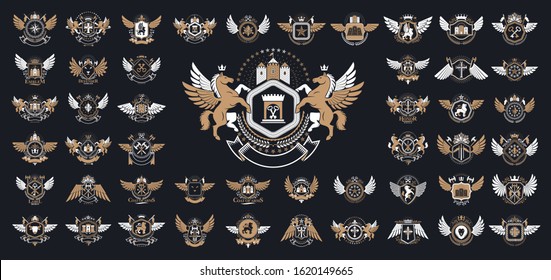 Heraldic Coat of Arms vector gran conjunto, antiguas tarjetas heráldicas vintage y colección de premios, símbolos de diseño clásico, logotipos familiares o empresariales.