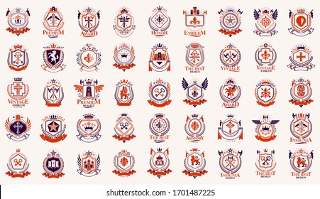 Heraldic Coat of Arms vector gran conjunto, antiguas tarjetas heráldicas vintage y colección de premios, símbolos de diseño clásico, logotipos familiares o empresariales.