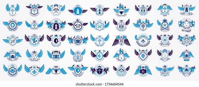 Heraldic Coat of Arms vector big set, vintage anticuario distintivo heráldico y colección de premios, símbolos en elementos de diseño de estilo clásico, logotipos familiares o empresariales.