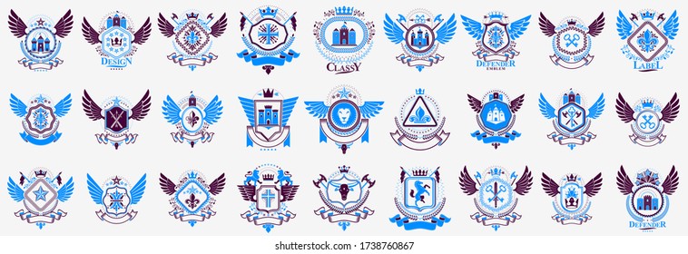 Heraldischer Wappen-Vektorset, Vintage antike heraldische Abzeichen und Preisverleihung, Symbole in klassischen Stilelementen, Familien- oder Geschäftslogos.