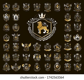 Heraldic Coat of Arms vector big set, vintage anticuario distintivo heráldico y colección de premios, símbolos en elementos de diseño de estilo clásico, logotipos familiares o empresariales.