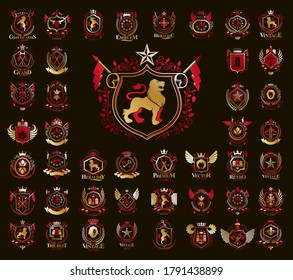 Heraldisches Wappen-Vektor-Großset, Vintage-antike Heraldische Abzeichen und Preisverleihung, Symbole in klassischen Design-Elementen, Familien- oder Firmenlogos.