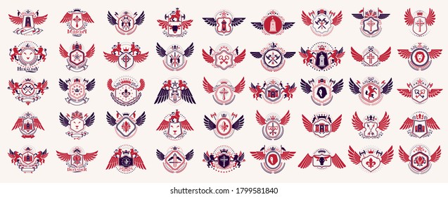 Heraldisches Wappen-Vektor-Großset, Vintage-antike Heraldische Abzeichen und Preisverleihung, Symbole in klassischen Design-Elementen, Familien- oder Firmenlogos.