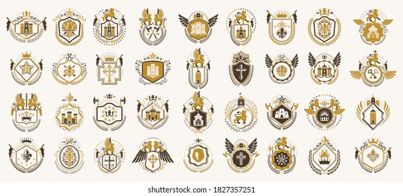 Heraldic Coat of Arms vector big set, vintage anticuario distintivo heráldico y colección de premios, símbolos en elementos de diseño de estilo clásico, logotipos familiares o empresariales.