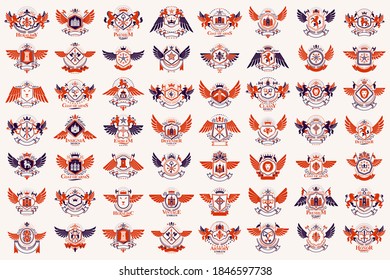 Heraldic Coat of Arms vector big set, vintage antique heraldic badges and awards collection, symbols in classic style design elements, family or business logos.