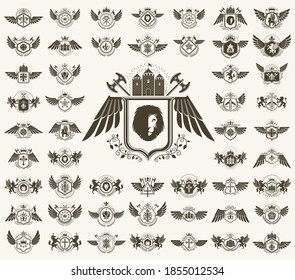 Heraldic Coat of Arms vector big set, vintage antique heraldic badges and awards collection, symbols in classic style design elements, family or business logos.