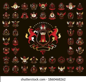Heraldic Coat of Arms vector big set, vintage antique heraldic badges and awards collection, symbols in classic style design elements, family or business logos.