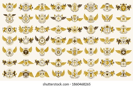 Heraldic Coat of Arms vector big set, vintage antique heraldic badges and awards collection, symbols in classic style design elements, family or business logos.