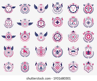 Heraldic Coat of Arms vector big set, vintage anticuario distintivo heráldico y colección de premios, símbolos en elementos de diseño de estilo clásico, logotipos familiares o empresariales.