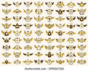 Heraldic Coat of Arms vector big set, vintage anticuario distintivo heráldico y colección de premios, símbolos en elementos de diseño de estilo clásico, logotipos familiares o empresariales.