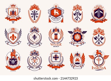 Heraldic Coat of Arms vector big set, vintage anticuario distintivo heráldico y colección de premios, símbolos en elementos de diseño de estilo clásico, logotipos familiares o empresariales.