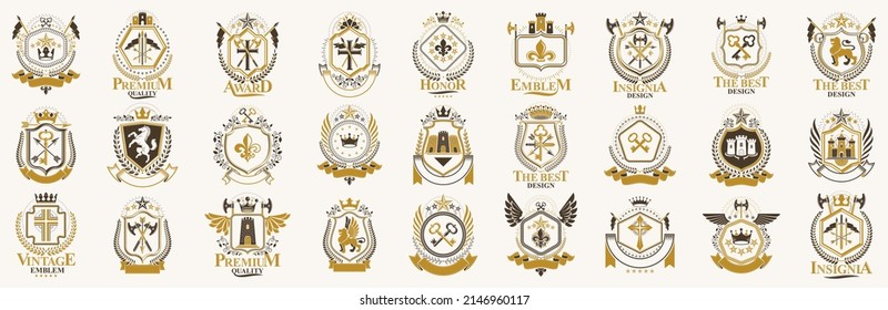 Heraldic Coat of Arms vector big set, vintage anticuario distintivo heráldico y colección de premios, símbolos en elementos de diseño de estilo clásico, logotipos familiares o empresariales.