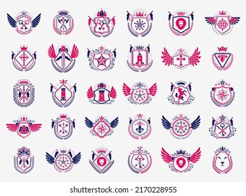 Heraldic Coat of Arms vector big set, vintage anticuario distintivo heráldico y colección de premios, símbolos en elementos de diseño de estilo clásico, logotipos familiares o empresariales.