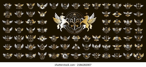 Heraldic Coat of Arms vector big set, vintage anticuario distintivo heráldico y colección de premios, símbolos en elementos de diseño de estilo clásico, logotipos familiares o empresariales.